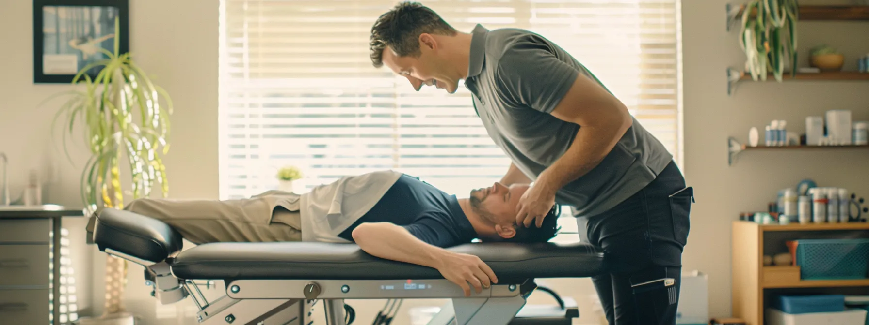 a chiropractor gently performs a spinal adjustment on a cochrane resident, enhancing mobility and relieving back pain, in a bright, inviting clinic room.