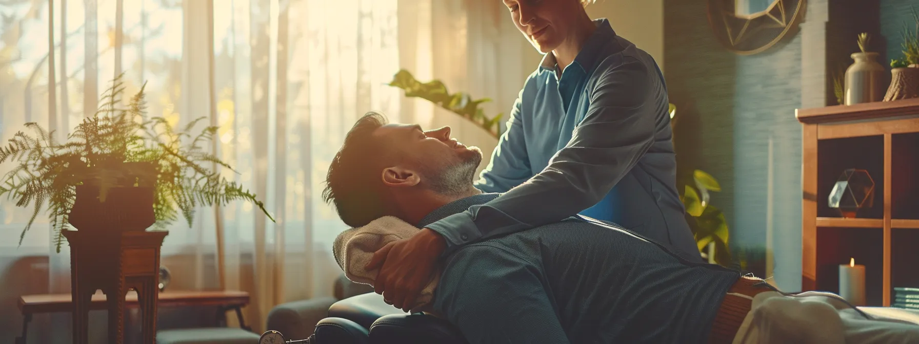 a patient receiving a gentle neck adjustment from a chiropractor in a serene treatment room, surrounded by relaxing decor and soothing music.