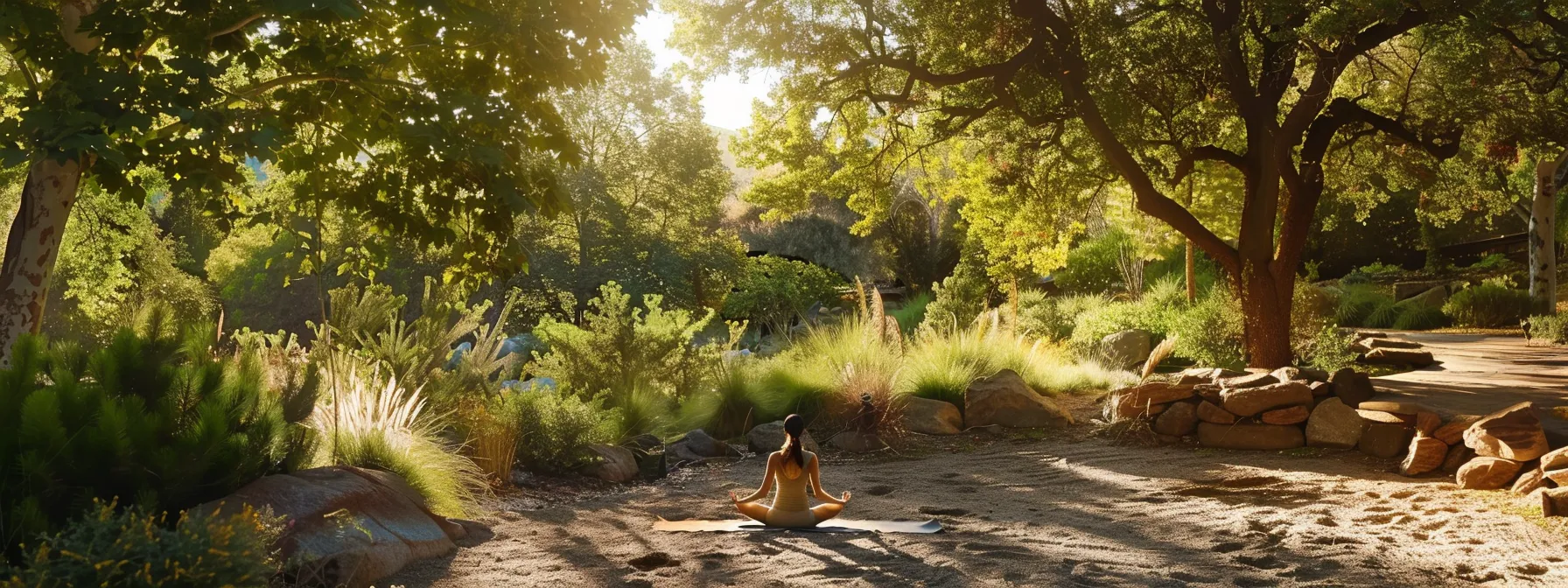 a person practicing yoga in a serene setting, surrounded by nature, embracing a holistic approach to stress management through exercise, nutrition, mindfulness, and chiropractic care.