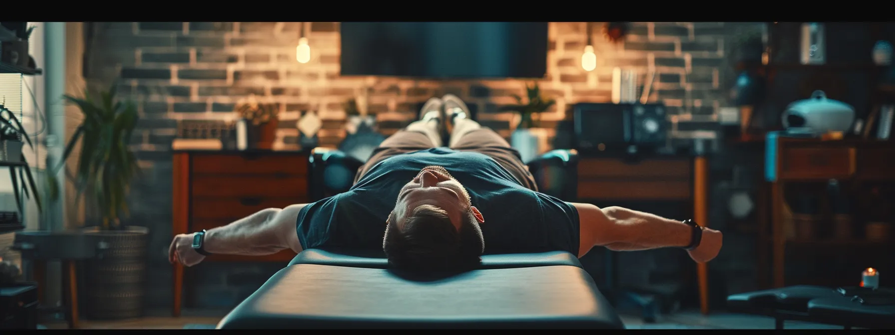 a person receiving chiropractic care, lying on a table with their spine properly aligned, surrounded by a calming, serene atmosphere to boost immunity and general wellness.