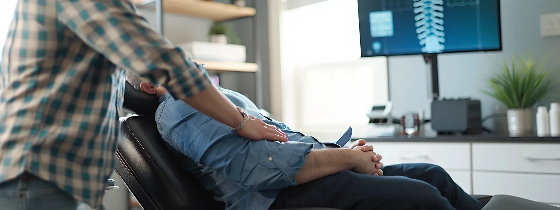 a person sitting comfortably on a chiropractic table, receiving an adjustment from a skilled practitioner in a modern, well-equipped clinic.