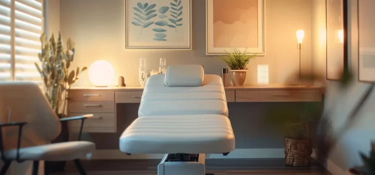 Comparing Physiotherapy Treatment Plans Calgary Providers a serene clinic room with a peaceful atmosphere, featuring a comfortable chiropractic table, calming decor, and soft ambient lighting.