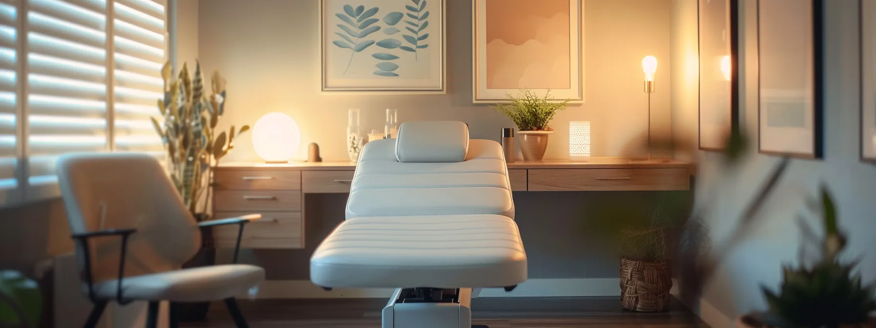 a serene clinic room with a peaceful atmosphere, featuring a comfortable chiropractic table, calming decor, and soft ambient lighting.