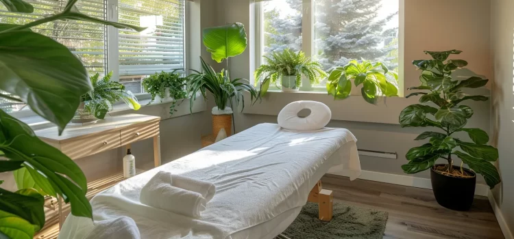 a serene treatment room bathed in natural light, filled with lush green plants and soothing essential oils, offering holistic chiropractic care in cochrane.