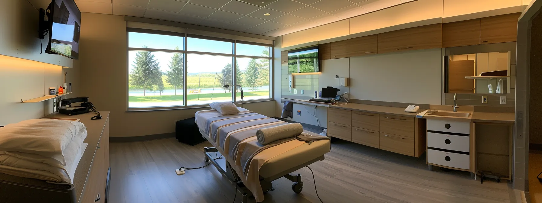 a serene treatment room at riverside sports therapy in cochrane, showcasing state-of-the-art equipment and calming decor to embody comprehensive care.