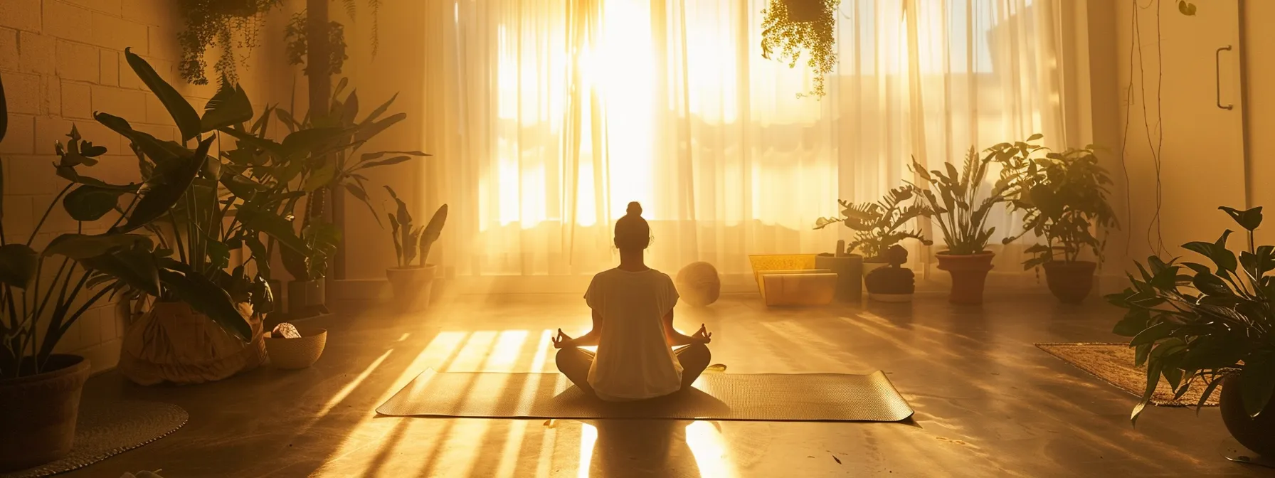 a serene yoga studio with soft natural lighting, showcasing a person in a peaceful savasana pose surrounded by essential oils, plants, and a serene atmosphere to promote holistic health and relaxation.