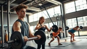 Teenage athletes performing strength training exercises