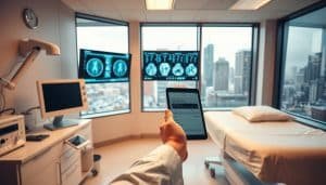 A clinical examination room with diagnostic equipment arranged neatly on a desk. In the foreground, a doctor's hand holds a medical tablet, reviewing test results. The middle ground features an examination table with crisp white linens, and a wall-mounted display shows MRI scans and x-rays. The background depicts large windows overlooking a bustling city skyline, imbuing the scene with an air of professionalism and clinical efficacy. Warm, diffused lighting casts a soothing glow, while the angles and perspective create a sense of depth and attention to detail.