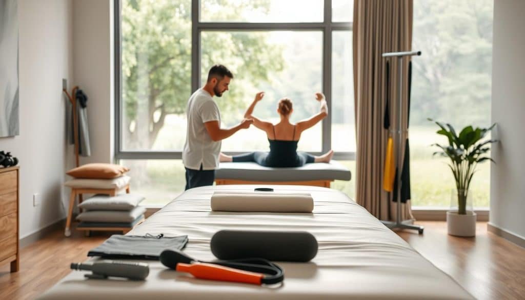A clinical physical therapy setting with various modalities and equipment: a treatment table in the foreground, with a large window overlooking a peaceful outdoor scene in the background. The table is adorned with various tools and devices such as heat pads, massage tools, and resistance bands. In the middle ground, a physical therapist is guiding a patient through gentle stretching and strengthening exercises. Soft, natural lighting filters in through the window, creating a calming, therapeutic atmosphere. The scene conveys the collaborative nature of the healing process, with the healthcare provider and patient working together to facilitate recovery.