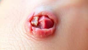 A close-up view of a healing wound on human skin, showing the various stages of tissue regeneration. The wound is partially closed, with new skin and connective tissue forming, and the surrounding area exhibits a healthy pink hue. The lighting is soft and natural, illuminating the delicate details of the healing process. The focus is sharp, capturing the intricate textures and patterns of the regenerating tissue, while a shallow depth of field blurs the background to emphasize the subject. The overall atmosphere conveys a sense of the body's remarkable ability to heal and restore itself.