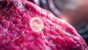 A close-up view of human tissue revealing the intricate network of cells, fibers, and growth factors that contribute to the healing process. The foreground showcases a microscopic, highly detailed illustration of tissue regeneration, with vibrant colors and textures that convey the dynamic nature of the biological processes at work. The middle ground features a glowing, holographic-like overlay highlighting key biochemical elements involved in tissue repair, such as cytokines, enzymes, and stem cells. The background is a softly blurred, ethereal landscape suggesting the larger physiological context of the healing mechanism. Dramatic, directional lighting from the side accentuates the depth and dimensionality of the scene, creating a sense of depth and scientific wonder.