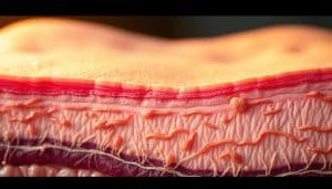 A cross-section of healthy human skin and underlying tissues, illuminated by warm, diffused natural light. In the foreground, observe the intricate process of cellular regeneration, with new skin cells and capillaries forming to replace damaged tissue. The middle ground reveals the gradual restoration of the dermis, with collagen fibers knitting together to rebuild the underlying structure. In the background, a faint network of lymphatic vessels and nerve endings can be seen, indicating the reestablishment of full functionality. The overall scene conveys a sense of vitality and the body's remarkable capacity for self-repair.