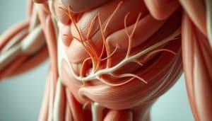 A detailed anatomical illustration of soft tissue structures, captured with a high-resolution macro lens and natural lighting. The image showcases the intricate network of muscles, tendons, and connective tissue that support and facilitate movement. The composition emphasizes depth, highlighting the layered complexity of the human body. The color palette is muted, with a subtle warmth that conveys a sense of organic vitality. The overall impression is one of scientific precision and aesthetic elegance, suitable for a comprehensive anatomical reference.