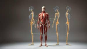 A detailed anatomical illustration showcasing the range of motion in the human body. A central figure in a neutral standing pose with transparent overlays depicting the various joint articulations and degrees of flexion, extension, abduction, adduction, and rotation. Detailed musculature and skeletal structures are visible, with color-coded annotations highlighting key movement patterns. Soft, muted lighting illuminates the scene, creating depth and a sense of scientific study. The image conveys a clinical, educational aesthetic to support the "Movement and Range of Motion Terminology" section of the sports therapy glossary.