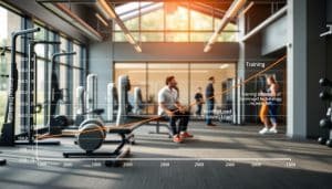 A detailed chart depicting the progressive increase in training load over time, showcased against a backdrop of a sports therapy clinic setting. The foreground features a line graph illustrating the gradual rise in training volume, intensity, and recovery periods, conveying the science-based approach to load monitoring. The middle ground showcases exercise equipment, rehabilitation tools, and a sports therapist consulting with an athlete, highlighting the real-world application of this methodology. The background depicts a modern, well-equipped sports therapy facility with natural lighting filtering through large windows, creating a calm and professional atmosphere.