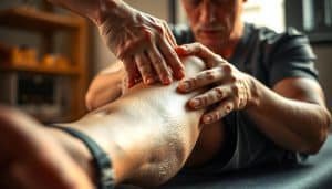 A detailed close-up of a physical therapist's hands carefully examining a patient's knee joint during a ligament reconstruction assessment. The scene is illuminated by warm, natural lighting that enhances the textures of the skin and medical equipment. The patient's leg is positioned prominently in the foreground, while the therapist's face remains blurred in the background, emphasizing the focus on the intricate assessment process. The overall atmosphere conveys a sense of clinical professionalism and the importance of thorough evaluations in the journey towards successful sports recovery.
