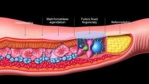 A detailed cross-section illustration showcasing the four key stages of tissue healing: inflammation, proliferation, matrix formation, and remodeling. The scene depicts the gradual regeneration process from initial injury to full recovery, with a cutaway view revealing the underlying cellular and molecular dynamics. Realistic textures, colors, and lighting create a scientific, educational atmosphere. The composition balances technical precision with visual clarity, allowing the viewer to intuitively understand the complex biological mechanisms at work. The overall aesthetic is clean, informative, and aesthetically pleasing, suitable for use in a medical or academic publication.