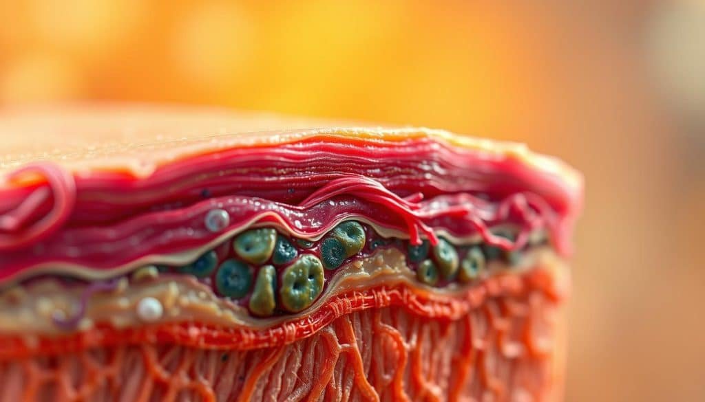 A detailed cross-section of the tissue healing process, showcasing the intricate layers of skin, muscle, and connective tissue. The foreground displays the gradual regrowth of damaged cells, with vibrant colors and textures representing the various stages of regeneration. The middle ground features a network of blood vessels and capillaries, pulsing with the flow of nutrients and oxygen to fuel the healing. In the background, a soft, ethereal glow illuminates the scene, conveying a sense of hope and restoration. The lighting is warm and natural, captured through a high-resolution macro lens, offering a captivating and educational illustration of the body's remarkable self-healing abilities.