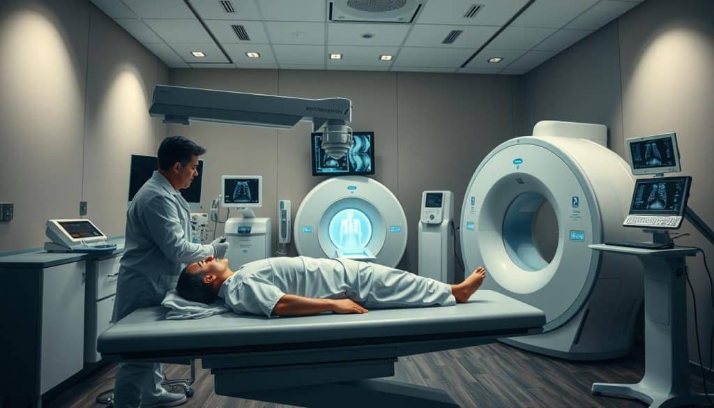 A detailed diagnostic imaging suite, capturing a comprehensive examination of referred discomfort. In the foreground, a patient lies on an examination table, while a radiologist carefully positions an advanced X-ray machine, its long arm extending over the patient's body. The middle ground showcases a range of cutting-edge imaging equipment, including a high-resolution MRI scanner and a sleek, state-of-the-art ultrasound device. The background is filled with a sense of clinical professionalism, with clean, well-lit walls and the subtle hum of technological instruments. The lighting is soft and directional, casting subtle shadows and highlighting the precision of the medical procedures. The overall atmosphere conveys a balance of medical expertise and patient-centered care, reflecting the importance of comprehensive diagnostic imaging in addressing referred discomfort.