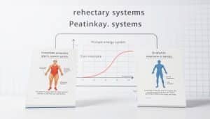 A detailed diagram depicting the interplay of the three primary energy systems: the Immediate or Anaerobic Alactic System, the Glycolytic or Anaerobic Lactic System, and the Oxidative or Aerobic System. The foreground shows textbook-style illustrations of these systems, with clear delineations of their characteristics, such as energy sources, duration, and intensity. The middle ground presents a graph charting the relative contribution of each system based on exercise intensity and duration. The background features a minimalist, technical-looking grid or chart, further emphasizing the analytical and informative nature of the image. The lighting is clean, crisp, and evenly distributed, with a slightly muted color palette to convey a sense of scientific objectivity. The overall composition is balanced, with a clear hierarchy of information to guide the viewer's eye.