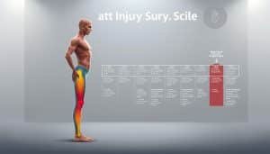 A detailed illustration of a comprehensive "sport injury scale" showcasing various levels of athletic injuries, from minor sprains to severe trauma. The foreground depicts a human figure in an athletic pose, with different colored zones highlighting the injury severity. The middle ground features an annotated scale, visually communicating the progression of injury types. The background setting is a clean, neutral environment with subtle medical iconography, conveying the clinical nature of the subject matter. Rendered in a muted, professional color palette, the image is lit to accentuate the clarity and legibility of the injury scale details. The overall composition and style should align with the article's focus on the psychological aspects of sports injury rehabilitation.