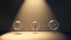 A detailed illustration of the energy system continuum in a sports performance context. The foreground depicts the three main energy systems - the ATP-CP, glycolytic, and oxidative systems - as distinct but interconnected components, each with its own visual representation. The middle ground showcases the fluid transitions and overlaps between these systems, highlighting their collaborative nature. The background features a subtle, technical grid or diagram, conveying the underlying scientific principles. The overall composition is rendered in a clean, technical style with muted, earthy tones, creating a sense of scientific authority and professionalism. Dramatic lighting from the left casts shadows and highlights the dimensional aspects of the systems, enhancing the sense of depth and complexity.