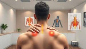 A detailed illustration of trigger point therapy in a sports medicine setting. In the foreground, a physical therapist's hands gently apply pressure to a patient's back, targeting tense muscle knots. The middle ground showcases anatomical diagrams highlighting the referral pain patterns associated with these trigger points. The background depicts a clean, modern sports therapy clinic with minimalist decor and soft, diffused lighting that creates a calming, professional atmosphere. The scene conveys the precise, therapeutic nature of this muscle-release technique as part of a comprehensive approach to managing athletic injuries and pain.