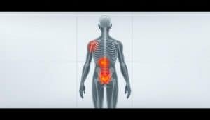 A detailed medical diagram depicting the human body with highlighted regions of referred pain. The image should have a clean, clinical aesthetic with a muted color palette, emphasizing the anatomical details. The foreground should feature a detailed full-body illustration, showcasing the key areas where pain is likely to be felt in different parts of the body, even though the original source of the pain may be located elsewhere. The middle ground should include subtle grid lines or coordinate axes to provide a sense of scale and precision. The background should have a subtle gradient or texture, creating a professional, educational tone. Lighting should be soft and diffuse, with minimal shadows, to maintain a clear, informative presentation. The overall mood should be one of scientific understanding and medical expertise.