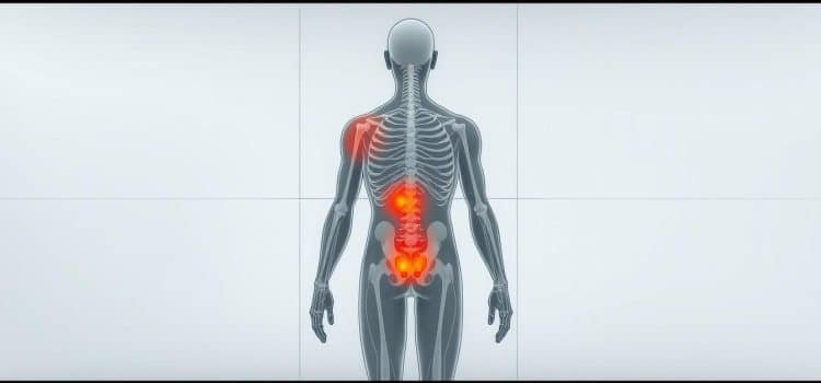 A detailed medical diagram depicting the human body with highlighted regions of referred pain. The image should have a clean, clinical aesthetic with a muted color palette, emphasizing the anatomical details. The foreground should feature a detailed full-body illustration, showcasing the key areas where pain is likely to be felt in different parts of the body, even though the original source of the pain may be located elsewhere. The middle ground should include subtle grid lines or coordinate axes to provide a sense of scale and precision. The background should have a subtle gradient or texture, creating a professional, educational tone. Lighting should be soft and diffuse, with minimal shadows, to maintain a clear, informative presentation. The overall mood should be one of scientific understanding and medical expertise.