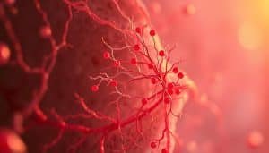 A detailed microscopic view of a tissue sample during the healing process, showcasing the intricate network of blood vessels and capillaries. The scene is bathed in a warm, soft light, creating a calming and contemplative atmosphere. The foreground features the delicate, web-like structure of the newly formed blood supply, with individual red blood cells clearly visible. The middle ground reveals the surrounding tissue, with its regenerating cells and fibers. The background is blurred, adding depth and focus to the primary subject. The overall composition conveys the intricate and dynamic nature of the tissue healing process.