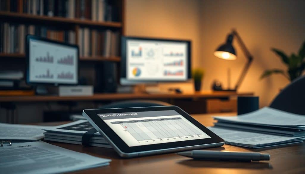 A dimly lit home office, with a desk showcasing various assessment tools. In the foreground, a tablet displays a psychological readiness scale, its interface designed with clean lines and muted colors. Nearby, a stack of printed questionnaires and a pen rest on the desk's surface. In the middle ground, a series of charts and graphs are visible on a computer screen, visualizing athlete performance data. The background is softly blurred, hinting at shelves of reference books and a sense of professional expertise. The lighting is warm and inviting, creating an atmosphere of thoughtful analysis and careful evaluation.