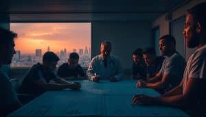 A dimly lit hospital ward, the air heavy with a sense of anticipation. In the foreground, a group of athletes gathered around a table, intently discussing return-to-play protocols. Detailed charts and graphs cover the surface, depicting the intricate steps and decision-making factors involved in a safe and responsible sporting comeback. The middle ground features a physician, their brow furrowed in concentration, guiding the athletes through the process. In the background, a panoramic view of the city skyline, hinting at the broader context and the high stakes involved. Soft, warm lighting casts a contemplative glow, while the overall mood conveys a sense of camaraderie, expertise, and a shared commitment to player welfare.