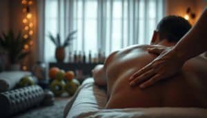 A dimly lit massage studio, the soothing scent of essential oils permeating the air. In the foreground, the hands of a skilled massage therapist firmly kneading the tight, tender muscle knots of an athlete's back, using precise trigger point therapy techniques. The client's face is relaxed, eyes closed, as they experience the release of built-up tension. The middle ground reveals the therapeutic tools - foam rollers, massage balls, and a variety of massage implements. The background is softly blurred, creating a sense of focus and tranquility, with gentle lighting illuminating the scene. The overall atmosphere conveys the restorative power of this conservative treatment approach.