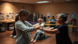 A dimly lit rehabilitation center, patients engaged in various exercises and therapies under the watchful guidance of attentive physical therapists. In the foreground, a therapist carefully demonstrating a stretching technique to a patient, their faces expressing a sense of focused collaboration. In the middle ground, other patients perform resistance band exercises, their expressions thoughtful as they follow the therapist's instructions. The background reveals an array of medical equipment and posters on the walls, conveying an atmosphere of education and healing. Soft, warm lighting illuminates the scene, creating a sense of calm and therapeutic progress.