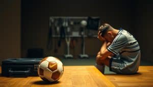A dimly lit room, with a soccer ball and a medical case sitting on a wooden table. In the foreground, a soccer player in uniform sits, their head in their hands, reflecting on their recovery journey. The middle ground features various medical devices and tools, symbolizing the rehabilitation process. The background is blurred, conveying a sense of introspection and focus. Soft, warm lighting casts a contemplative mood, as the player's expression conveys the emotional challenges of returning to the sport they love. The scene captures the essence of the "Case Studies: Insights from Soccer and Futsal Players" section, highlighting the personal stories and the mental, physical, and emotional aspects of the recovery process.