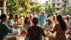A diverse group of people engaged in various forms of physical therapy and rehabilitation, set against the backdrop of an urban multicultural community. In the foreground, individuals from different cultural backgrounds work together with healthcare providers, using a blend of traditional and modern techniques. In the middle ground, families provide support and encouragement, while community elders offer guidance and wisdom. The scene is bathed in warm, natural lighting, conveying a sense of inclusivity, collaboration, and the power of collective healing. The atmosphere is one of cultural exchange, empowerment, and a shared commitment to holistic well-being.