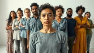 A diverse group of people from various cultural backgrounds stand in a calm, contemplative pose, their expressions reflecting a range of emotional responses to physical injury. The foreground features a central figure with a subtle, thoughtful gaze, surrounded by others in various states of introspection, from stoic determination to vulnerable openness. The middle ground showcases the group's diversity, with individuals of different ages, ethnicities, and physical abilities. The background is a serene, minimalist setting, allowing the subject's psychological nuances to take center stage, conveyed through natural, soft lighting and a sense of tranquility. The overall mood is one of introspection, empathy, and the rich tapestry of human experience in the face of physical adversity.
