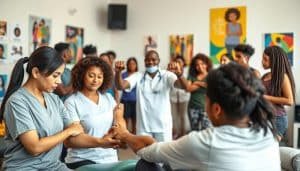 A diverse group of sports therapists from various cultural backgrounds, gathered in a modern, well-equipped sports therapy clinic. In the foreground, a therapist of Asian descent conducts a hands-on assessment of a client's injury, while in the middle ground, a therapist of African descent leads a group stretching session. The background showcases posters and artwork celebrating the diversity of the clinic's clientele and staff. Soft, natural lighting illuminates the scene, conveying a warm, inclusive atmosphere. The composition emphasizes the therapists' cultural competence and their ability to provide tailored, culturally-sensitive care to their patients.