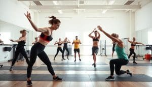 A dynamic warm-up scene featuring a group of athletic individuals performing a variety of stretching and mobility exercises in a well-lit, modern sports facility. The foreground showcases a range of active movements like leg swings, arm circles, and torso rotations, all executed with a sense of controlled fluidity. The middle ground depicts the athletes transitioning between exercises, with a focus on proper form and technique. The background offers a clean, minimalist setting with sleek equipment and surfaces, creating a sense of professionalism and purpose. The overall atmosphere conveys a balanced blend of energetic dynamism and intentional preparation, setting the stage for the subsequent sports therapy session.