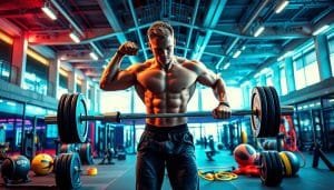 A high-energy athletic arena with vibrant lighting and dynamic sports equipment. In the foreground, a muscular athlete performs a powerful weightlifting exercise, their muscles straining with effort. In the middle ground, various sports equipment - barbells, medicine balls, and resistance bands - are arranged in a visually striking composition. The background depicts the interior of a modern sports training facility, with sleek architectural lines, high ceilings, and state-of-the-art fitness technology. The overall scene conveys a sense of intense physical exertion, focused determination, and the transformative power of energy production in sports performance.