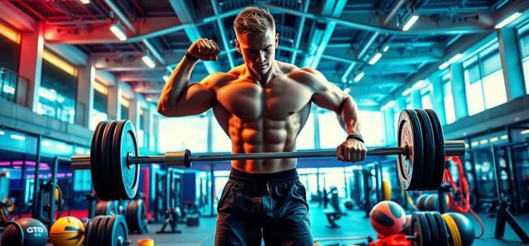 A high-energy athletic arena with vibrant lighting and dynamic sports equipment. In the foreground, a muscular athlete performs a powerful weightlifting exercise, their muscles straining with effort. In the middle ground, various sports equipment - barbells, medicine balls, and resistance bands - are arranged in a visually striking composition. The background depicts the interior of a modern sports training facility, with sleek architectural lines, high ceilings, and state-of-the-art fitness technology. The overall scene conveys a sense of intense physical exertion, focused determination, and the transformative power of energy production in sports performance.
