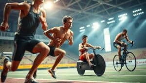 A high-energy sports arena with athletes engaged in various physical activities, showcasing the three key energy systems - aerobic, anaerobic, and ATP-PC. Bright, vibrant lighting illuminates the dynamic scene, with sweat-glistening bodies in motion. In the foreground, a sprinter races against the clock, muscles straining. In the middle ground, a rower powers through grueling strokes, utilizing their anaerobic capacity. In the background, a cyclist pedals furiously, their aerobic system sustaining their endurance. The scene conveys the synergy and complexity of the body's energy production, crucial for peak sports performance.