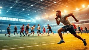 A high-intensity sports arena bathed in vibrant lighting, with players in dynamic motion, showcasing the Repeated Sprint Ability (RSA) demanded of team sports. In the foreground, a player sprints with determination, muscles straining as they push the limits of their physical capabilities. The middle ground reveals a group of athletes weaving through agility drills, their footwork and acceleration on full display. In the background, the blurred silhouettes of teammates engage in intense training, capturing the collaborative nature of RSA development. The scene is characterized by a sense of energy, power, and the unwavering commitment required to excel in team sports.