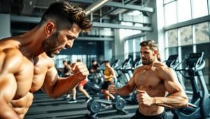 A high-intensity training session in a modern sports facility. In the foreground, a male athlete performs a set of dynamic exercises, his muscular frame and focused expression conveying intense effort. In the middle ground, a group of athletes engage in various resistance training exercises, utilizing free weights and resistance bands. The background features an array of cardio equipment - treadmills, stationary bikes, and elliptical machines - where other athletes push their limits. The lighting is bright and evenly distributed, casting sharp shadows and highlighting the well-equipped, spacious training environment. The overall atmosphere conveys a sense of dedication, discipline, and the pursuit of peak athletic performance.