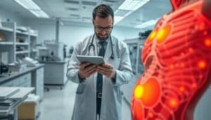 A high-resolution, detailed illustration of ongoing research into referred discomfort. In the foreground, a close-up view of an anatomical model of the human torso, with highlighted areas indicating pain referral zones. The middle ground features a researcher closely examining the model, digital tablet in hand, surrounded by medical reference materials and analytical equipment. The background showcases a modern, well-equipped research laboratory, with clean lines, state-of-the-art instrumentation, and a focused, clinical atmosphere. Soft, even lighting illuminates the scene, emphasizing the scientific exploration of this complex phenomenon. The overall mood is one of diligent, evidence-based inquiry into the mechanisms of pain referral.