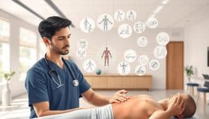 A meticulously rendered, highly detailed illustration depicting the clinical reasoning process in sports therapy. The foreground features a sports therapist intently examining a patient's injury, their face etched with concentration as they palpate and assess the affected area. In the middle ground, a visual representation of the therapist's thought process unfolds, with anatomical diagrams, diagnostic tests, and treatment options floating in a holistic, interconnected manner. The background showcases a serene, minimalist sports therapy clinic, with clean lines, natural lighting, and soothing colors that cultivate an atmosphere of professionalism and care. The overall scene conveys the therapist's expertise, the patient's trust, and the importance of the clinical reasoning process in delivering effective sports therapy.