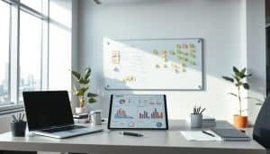 A modern, minimalist office space with clean lines and bright natural lighting. In the foreground, a desk with a laptop, a pen, and various office supplies. On the desk, a progress tracking dashboard with charts, graphs, and key performance indicators. The middle ground features a wall-mounted whiteboard with handwritten notes and sticky notes, representing an active planning and review process. In the background, large windows overlooking a cityscape, creating a sense of connectivity and progress. The overall atmosphere is one of focus, productivity, and a commitment to achieving goals through effective tracking and monitoring.