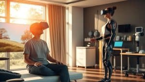 A modern rehabilitation clinic bathed in warm, natural lighting. In the foreground, a patient undergoing a virtual reality-assisted therapy session, immersed in a calming, nature-inspired landscape. In the middle ground, a robotic exoskeleton assists another patient with mobility exercises, while cutting-edge monitoring devices track their progress. In the background, sleek rehabilitation technology, including advanced prosthetics and assistive devices, are neatly arranged, conveying a sense of innovation and cutting-edge care. The overall atmosphere is one of hope, healing, and the seamless integration of technology to empower and support individuals on their rehabilitation journey.