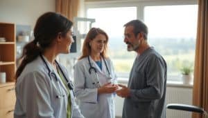 A patient-centered care process in a warm, welcoming clinical environment. In the foreground, a healthcare provider and patient engage in a thoughtful discussion, their body language suggesting a collaborative, empathetic interaction. The middle ground features diagnostic equipment and treatment tools, subtly indicating the comprehensive nature of the care. The background depicts a soothing, natural landscape through a large window, conveying a sense of calm and tranquility. Soft, diffused lighting creates a serene atmosphere, while a wide-angle lens captures the holistic nature of the scene. The overall mood evokes a sense of trust, understanding, and personalized attention, reflecting the principles of patient-centered care.