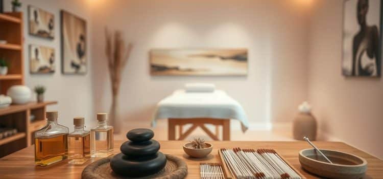 A peaceful and serene treatment room, bathed in soft, diffused lighting. In the foreground, various therapeutic tools and instruments are neatly arranged on a clean, wooden table - massage oils, hot stones, and acupuncture needles. In the middle ground, a comfortable treatment table stands, inviting the patient to relax and receive their therapy. The background features soothing nature-inspired artwork and calming, earthy tones, creating an atmosphere of tranquility and healing. The overall scene conveys a sense of professionalism, care, and holistic well-being.